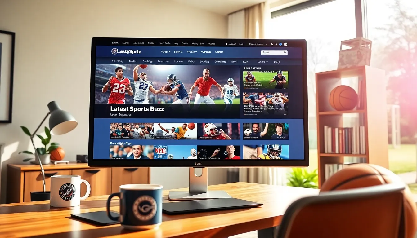 A home-office with a monitor displaying sports news and highlights.