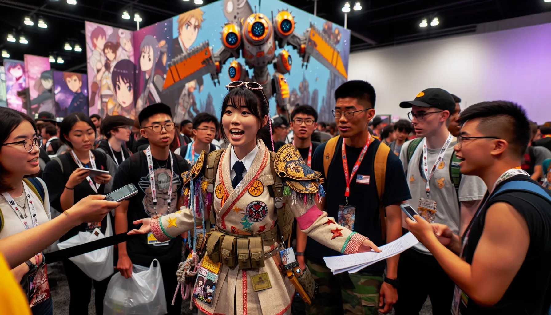 Anime fans debating Attack on Titan and Demon Slayer at a convention.