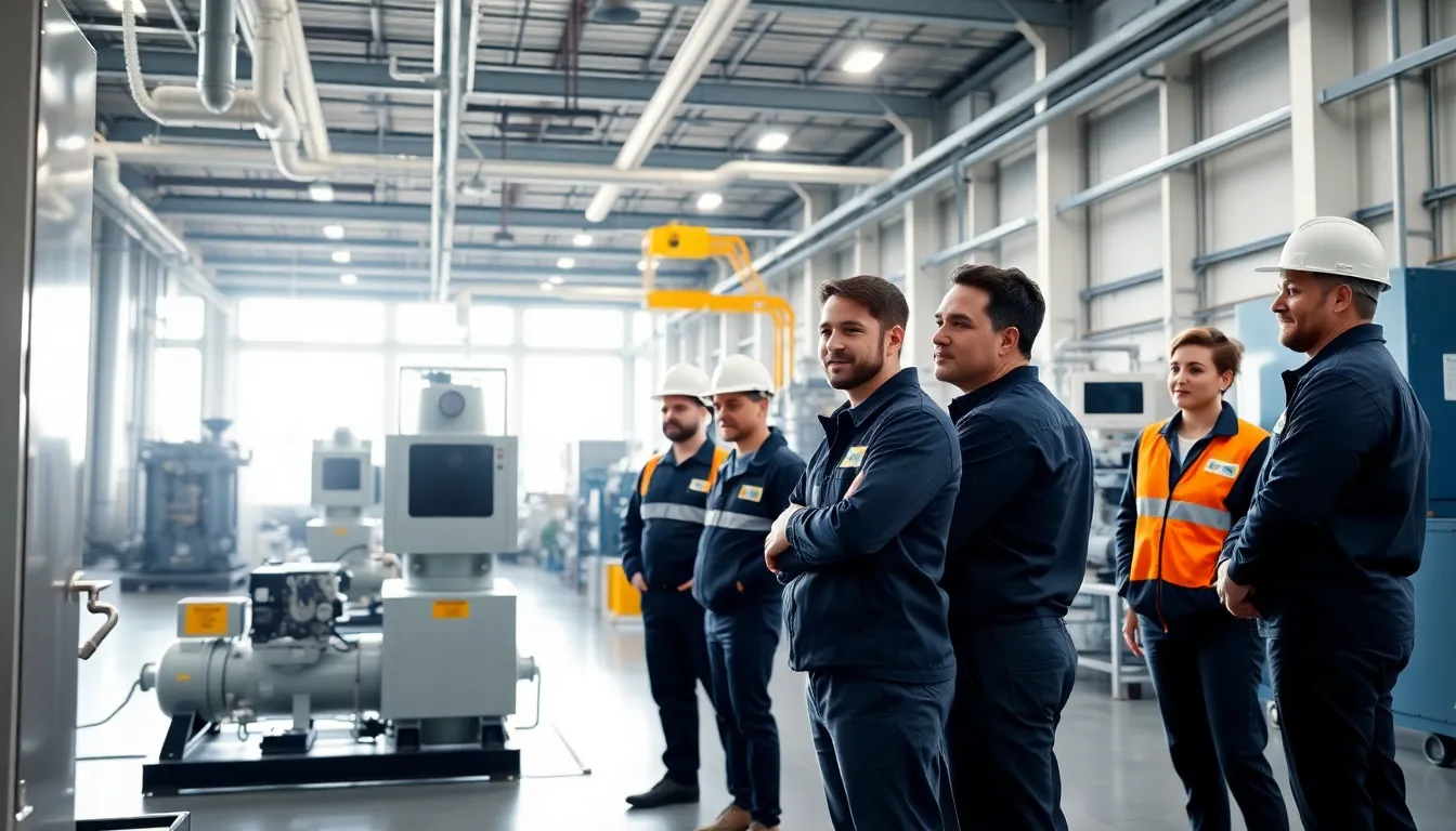 Technicians installing an air compressor in a bright, modern industrial facility.