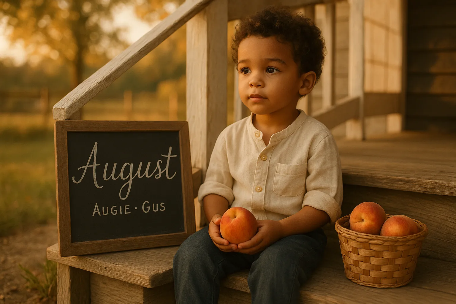 Young boy named August on a sunlit porch holding a ripe peach.