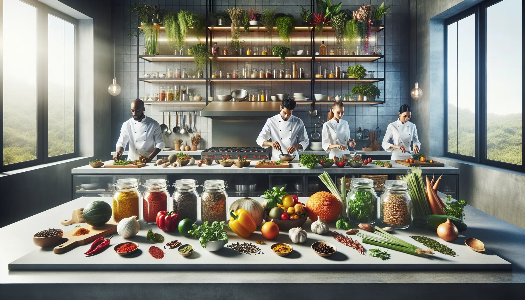 diverse chefs preparing sadatoaf ingredients in a modern kitchen setting.