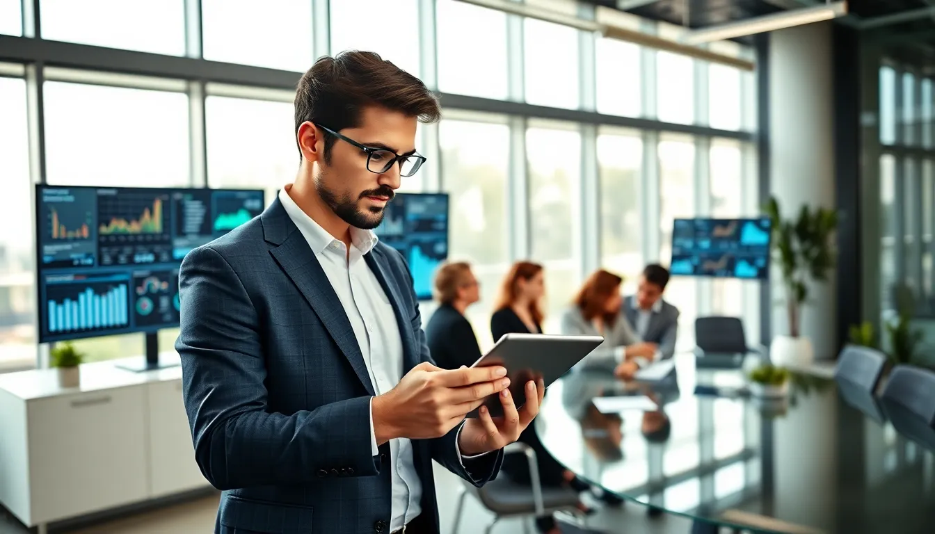 mobile services manager reviewing app metrics in a modern office