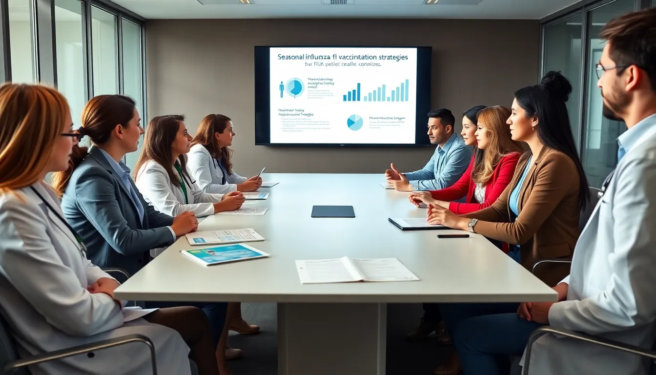healthcare professionals discussing flu vaccination strategies in a modern office.