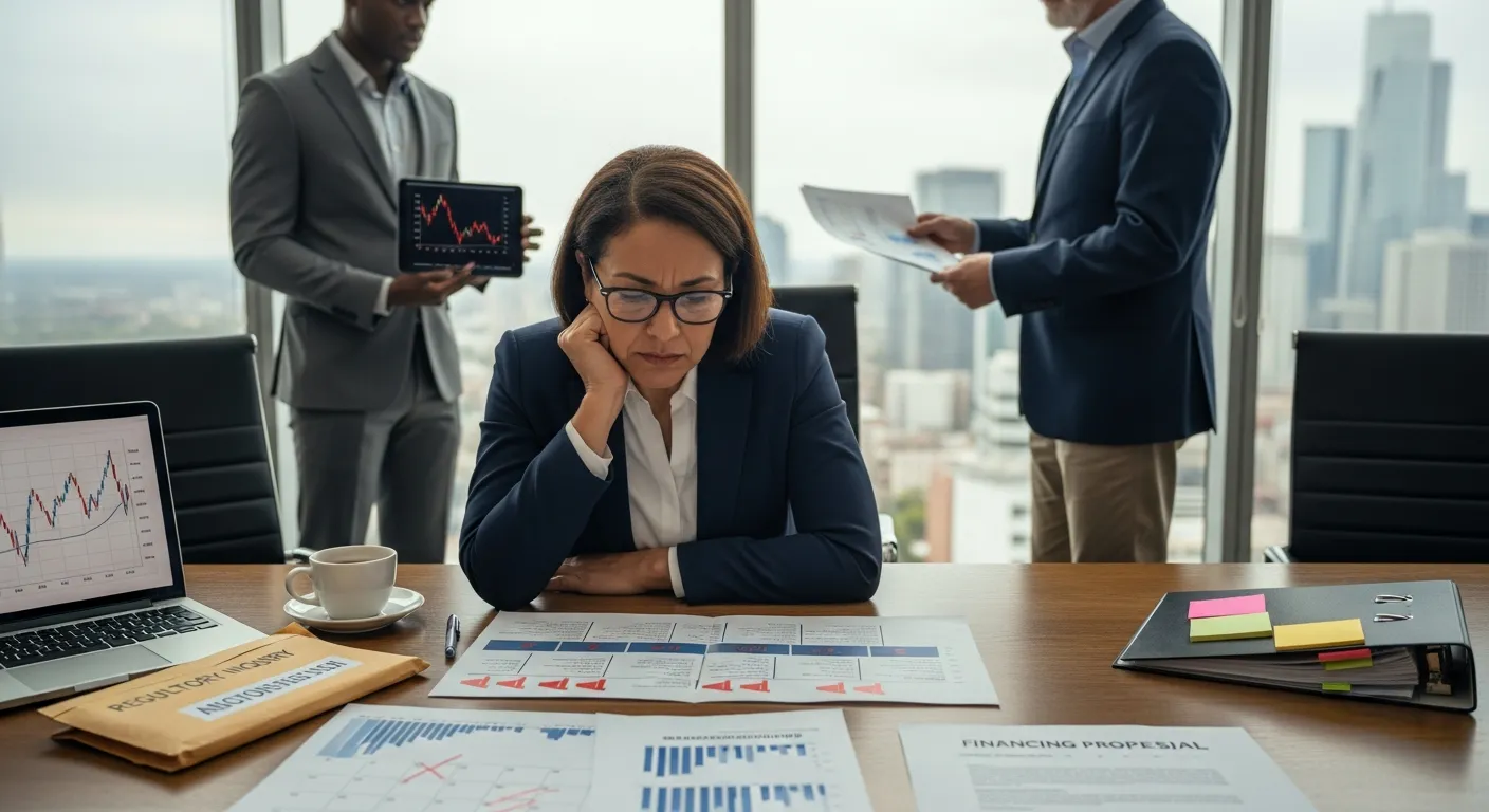 Boardroom scene showing executives reviewing torn takeover documents and declining stock chart.