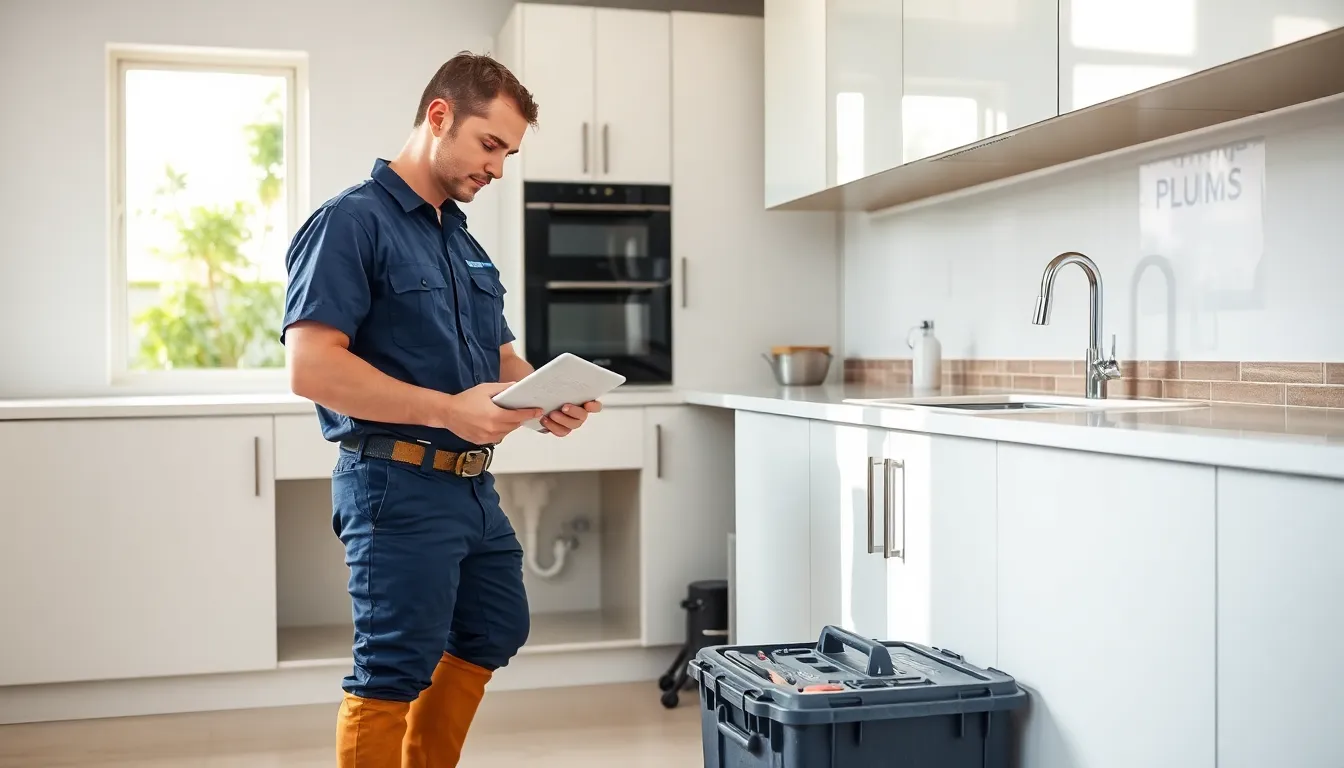 Professional plumber checks modern kitchen plumbing in an Australian home.