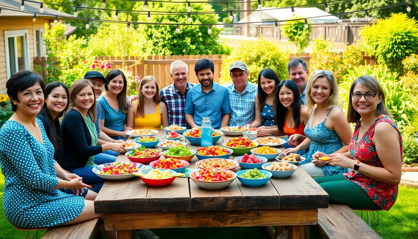 A joyful backyard gathering celebrating a thrifty event with homemade food.