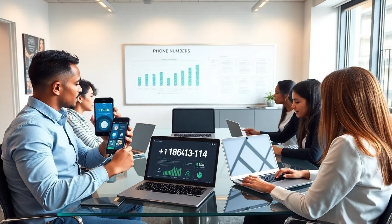 Team discussing phone number significance in a modern office.