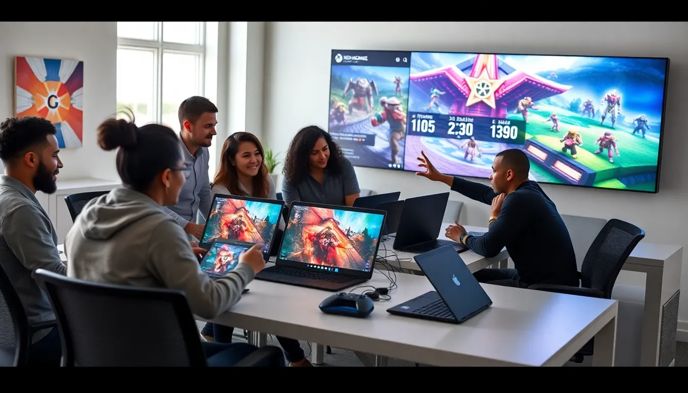 diverse game development team collaborating in a bright office.
