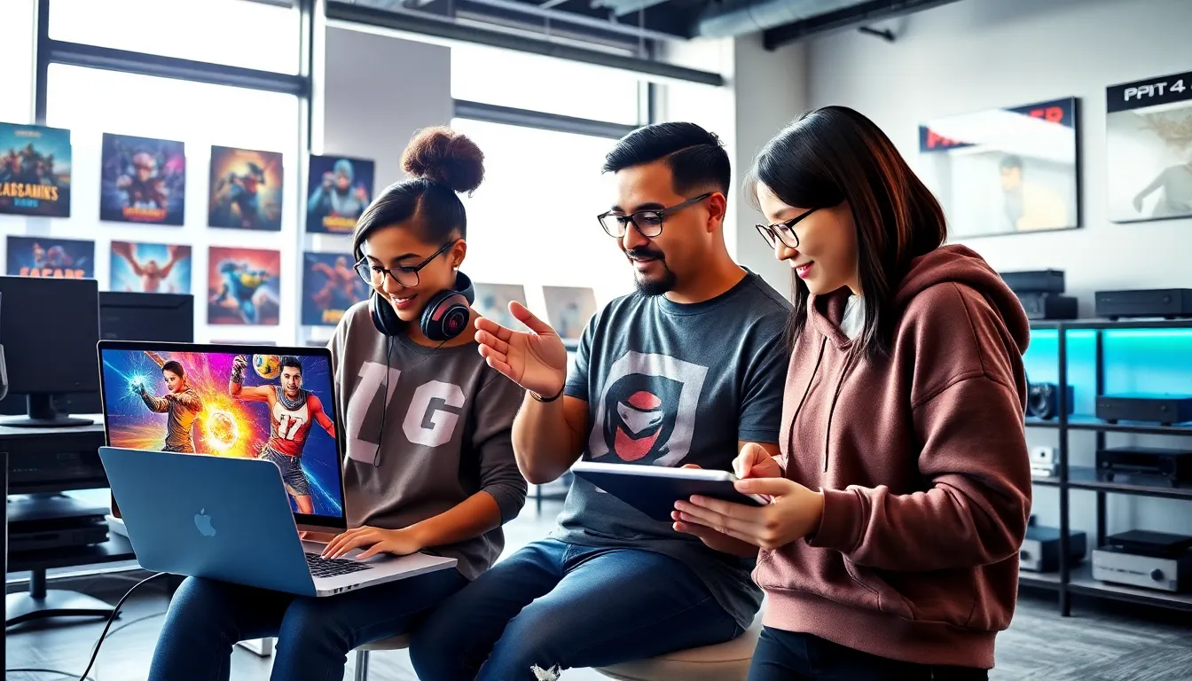 A diverse team of game developers collaborating in a modern office.