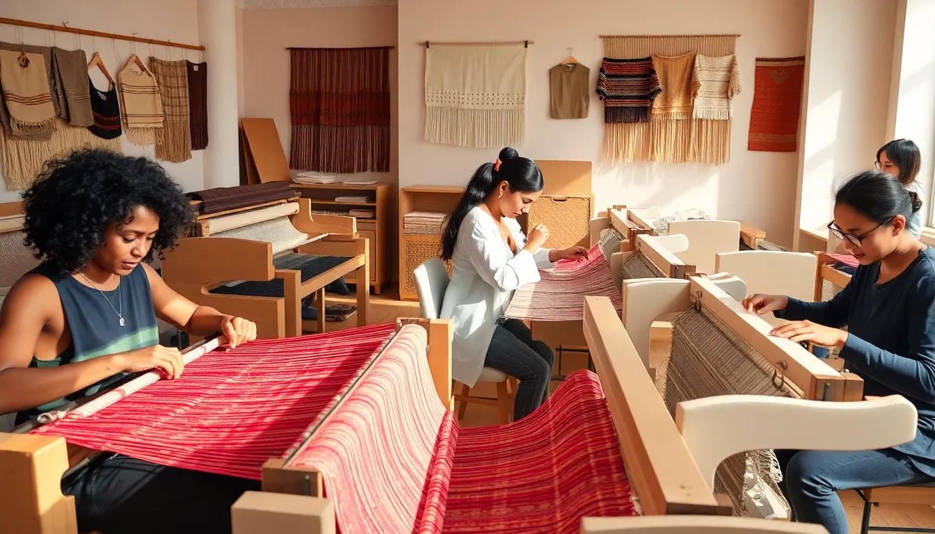 diverse artisans weaving textiles in a modern workspace.