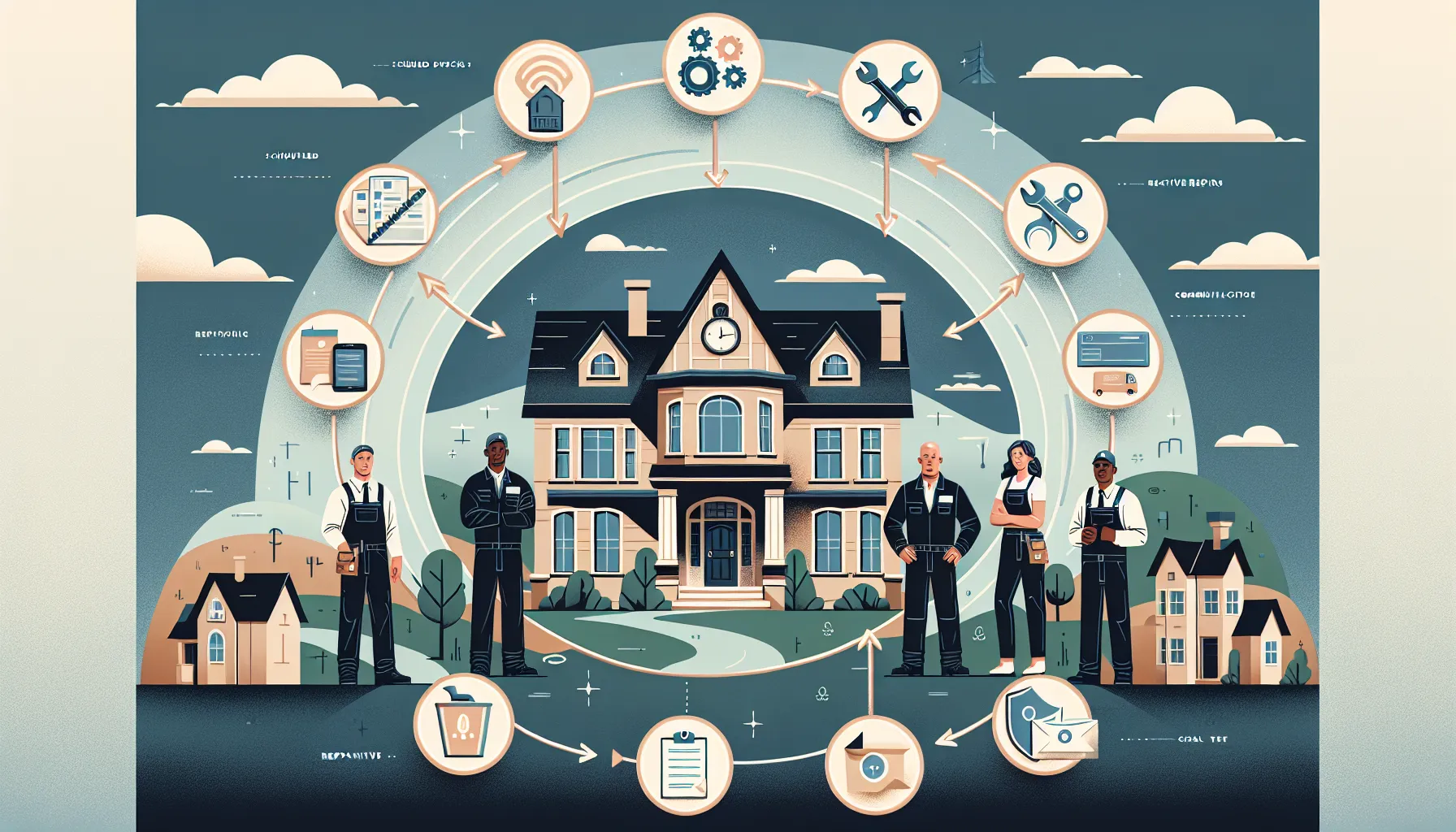 illustration showing Lafayette property service team managing inspections, maintenance, and compliance