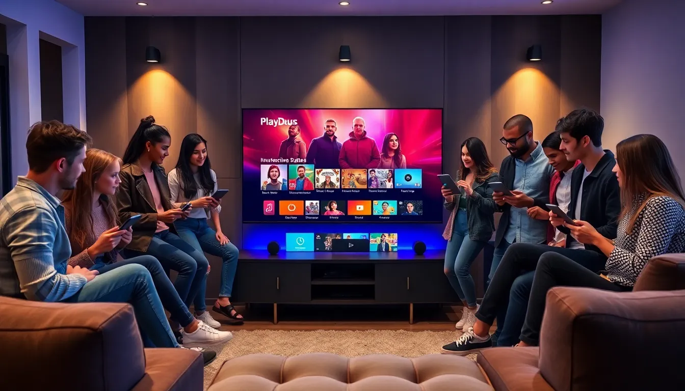 diverse group enjoying multimedia content in a modern living room.