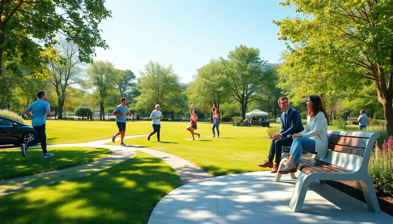 diverse professionals enjoying a green park in an urban setting.