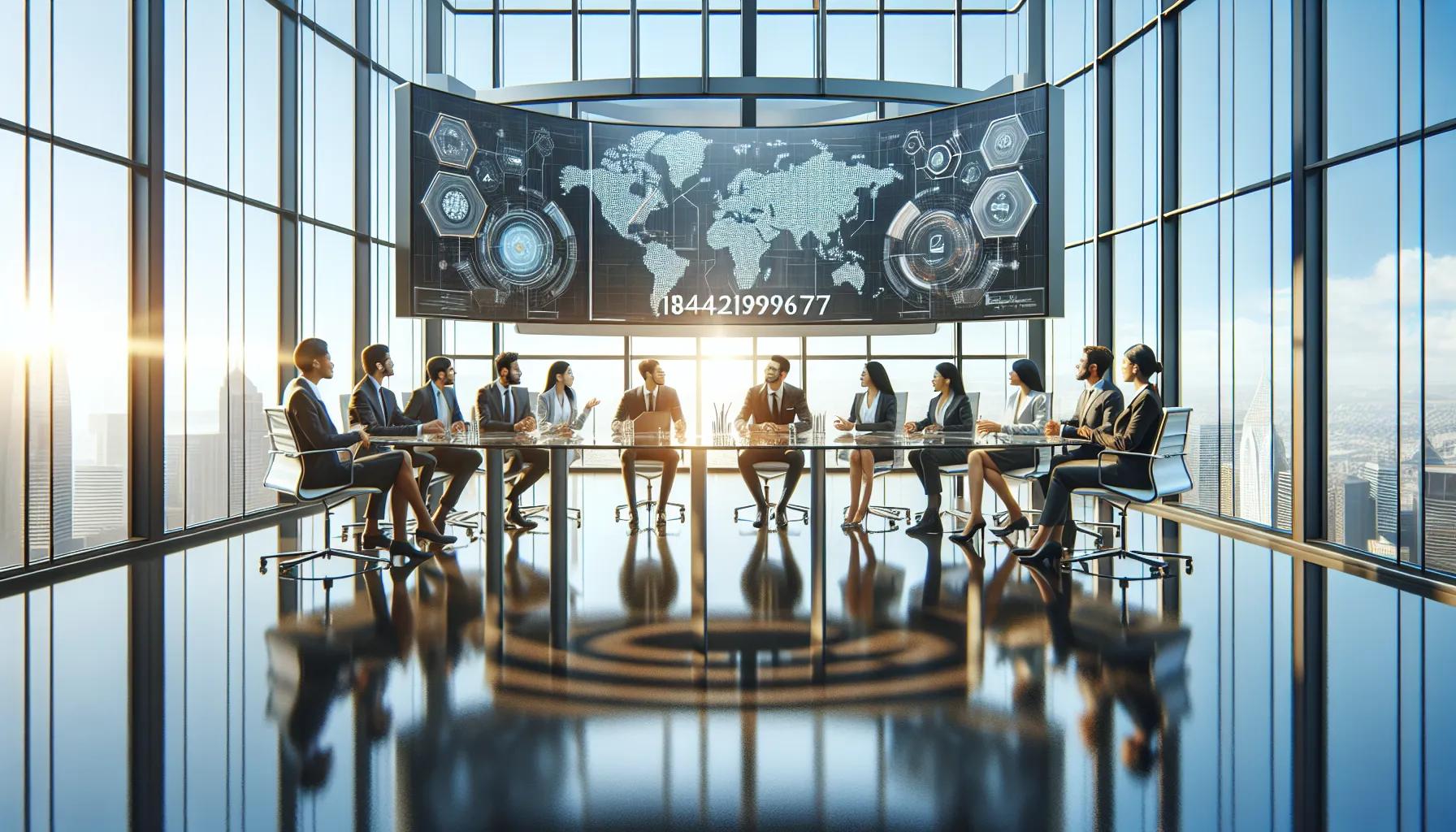 diverse team discussing data in a modern conference room.