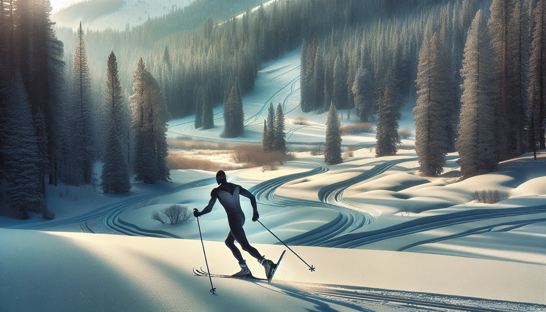 A skier on a snowy trail amidst a forested landscape.