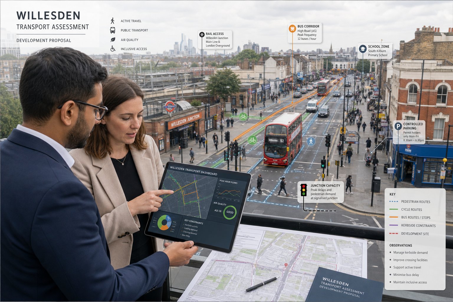 Traffic engineer reviewing local transport plans in a busy Willesden street area.
