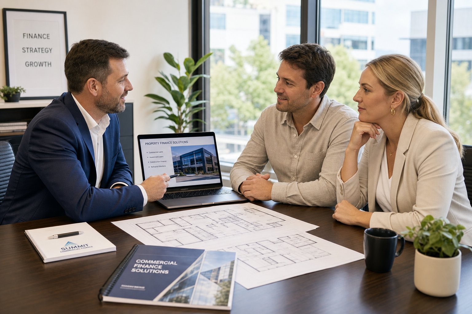 Commercial mortgage broker meeting business owners in a bright office to review property finance documents and plans.