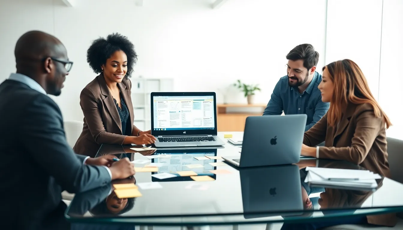 diverse team collaborating on web development projects in a modern office.