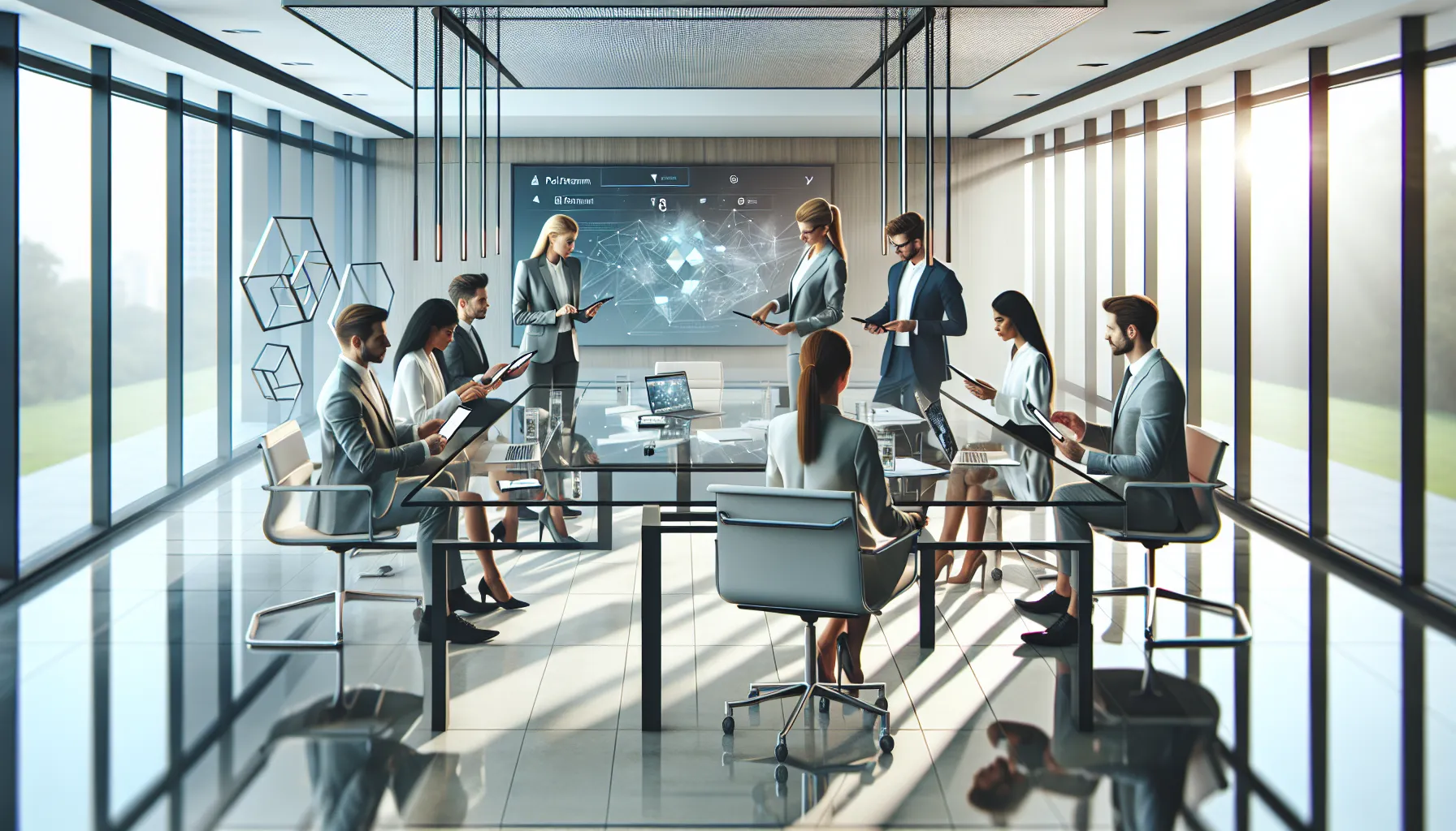 diverse professionals collaborating in a modern office using Nimuri159.