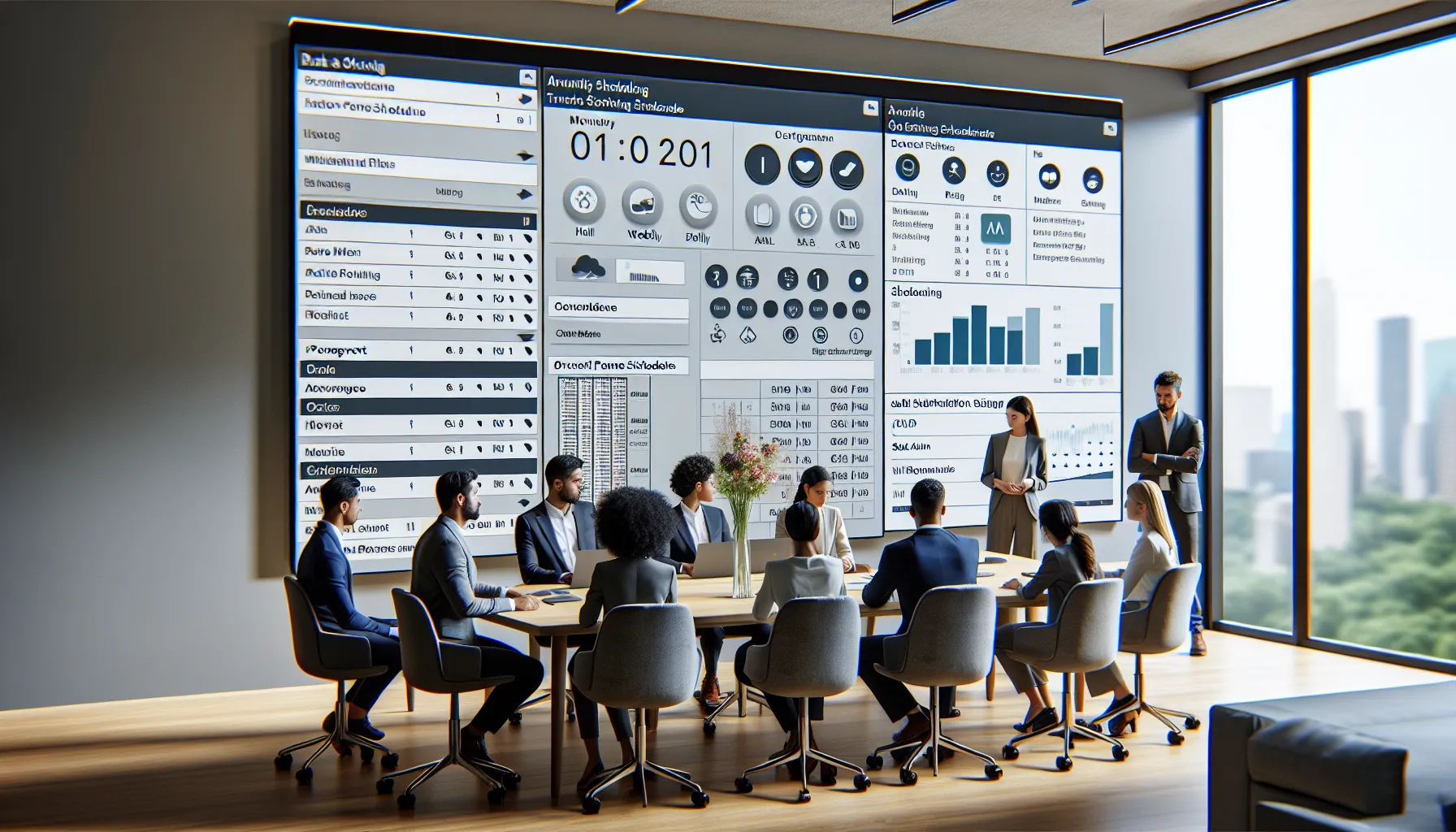 Analytics team reviewing Tableau report scheduling and advanced automation options on large screens.