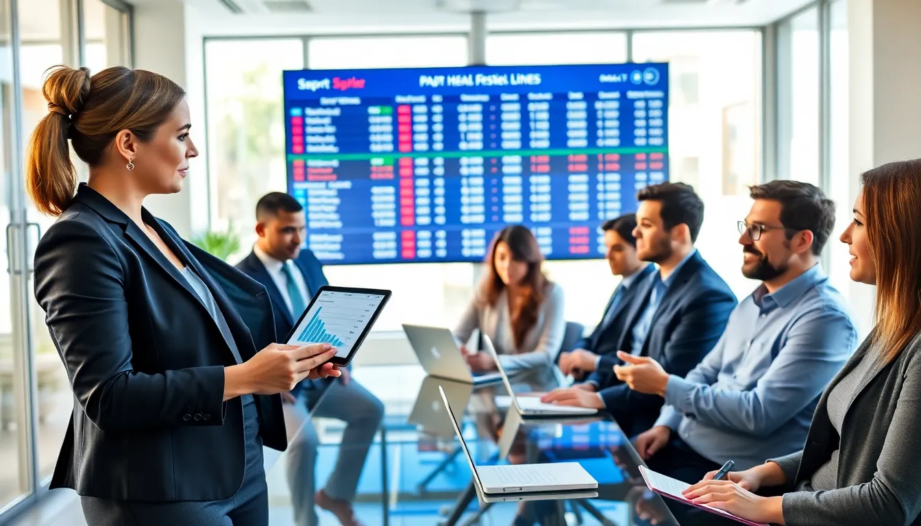 professionals collaborating in a modern office about sports betting operations.