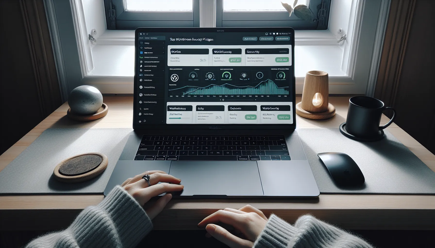 Norwegian professional reviewing wordpress security plugins on laptop with 2fa phone.