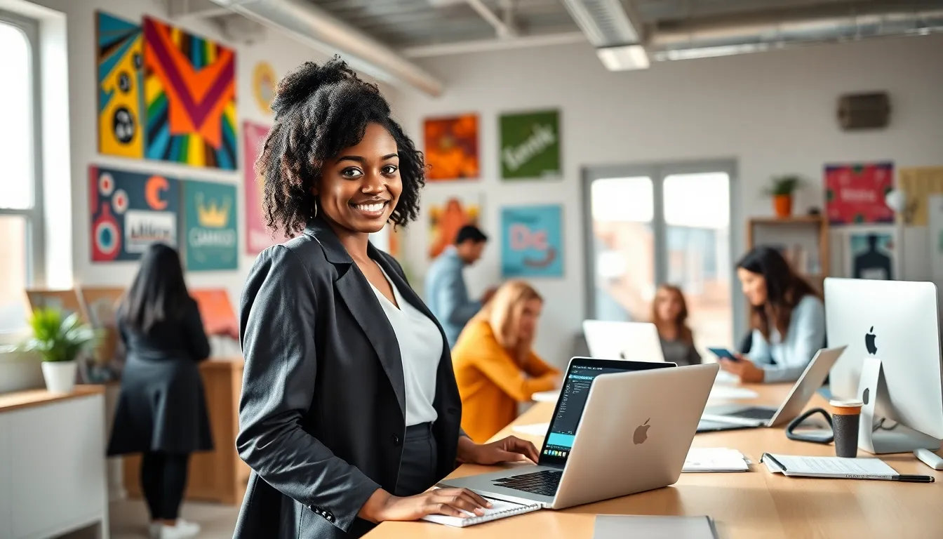 Evangeline Harris in a modern office, engaged in digital creation.