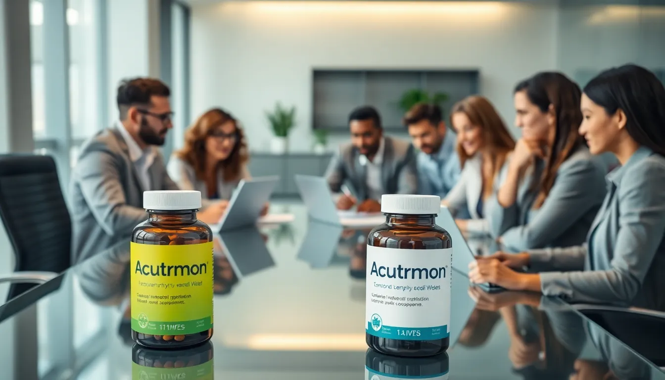 diverse professionals discussing Acutromon in a modern office setting.