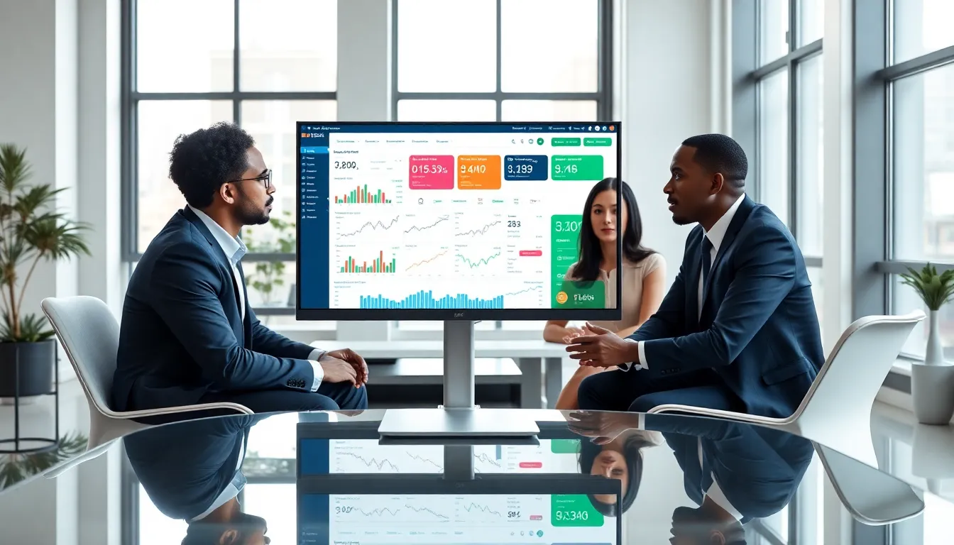 professionals collaborating on a financial platform in a modern office.