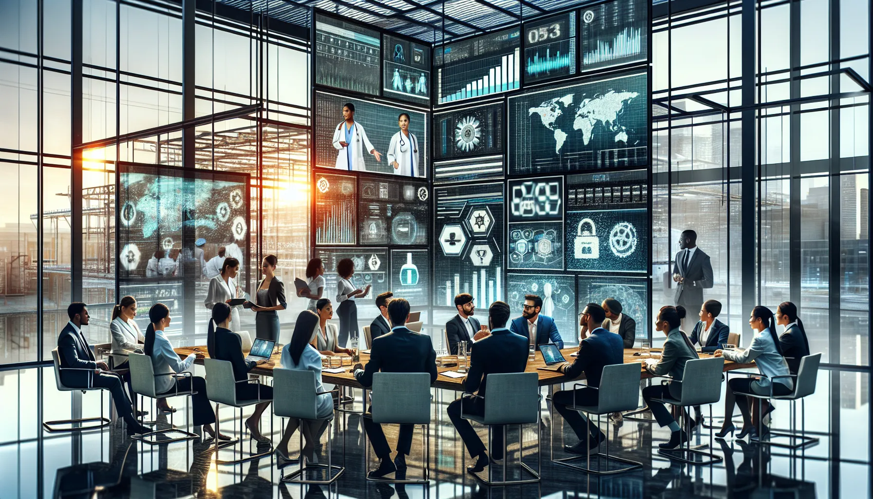 diverse professionals discussing coding applications in a modern office.