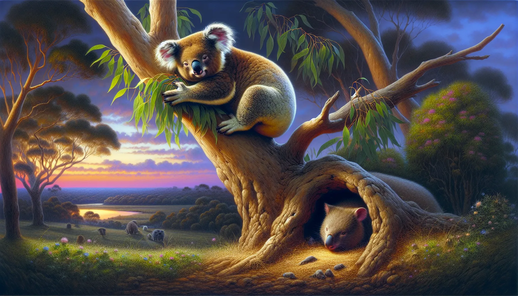 A koala on a tree and a wombat near a burrow in a twilight forest.