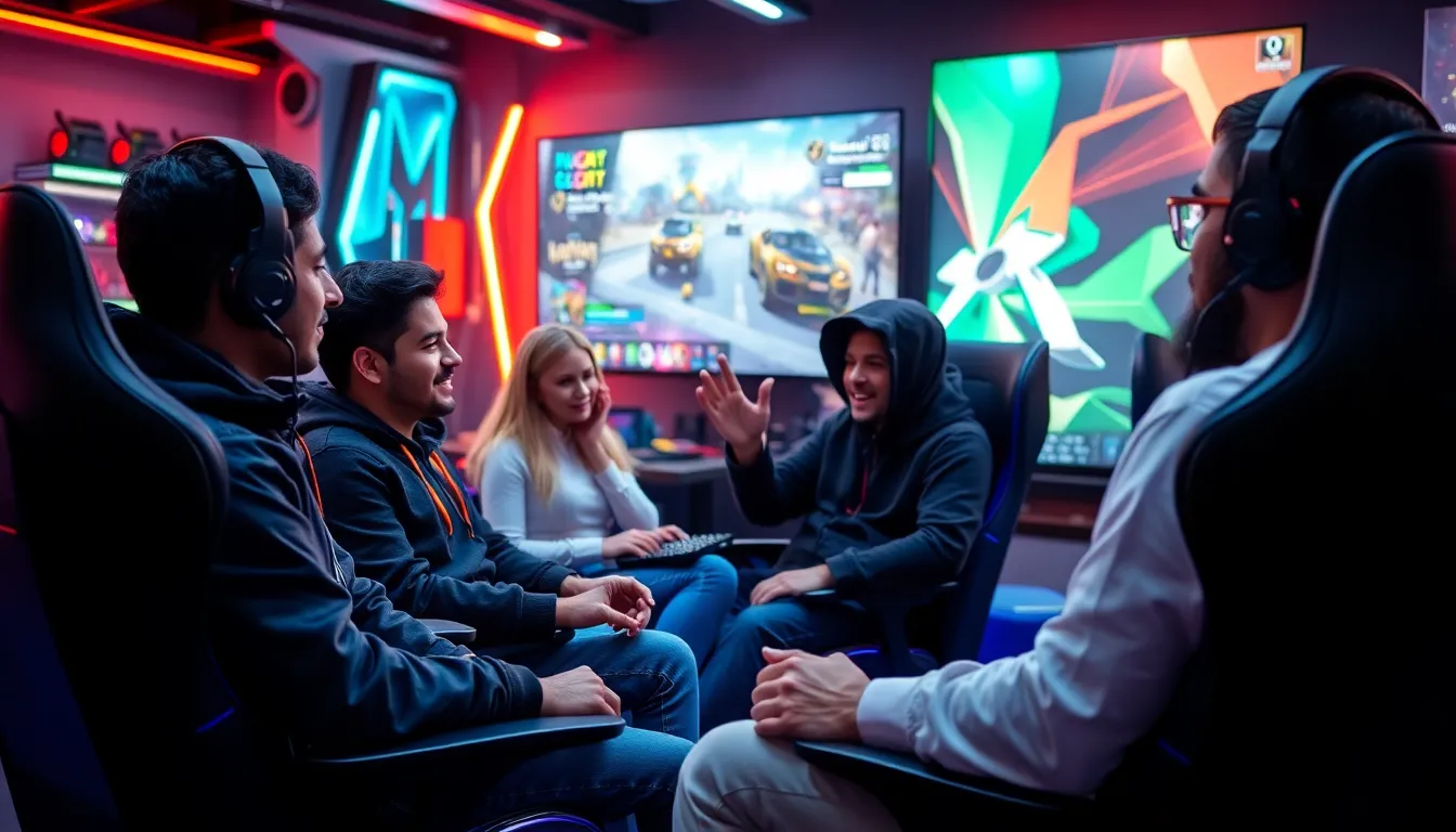 diverse group of gamers communicating in a modern gaming lounge.