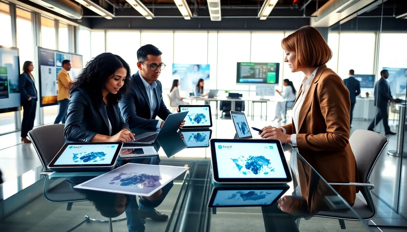 diverse professionals collaborating in a modern office setting.