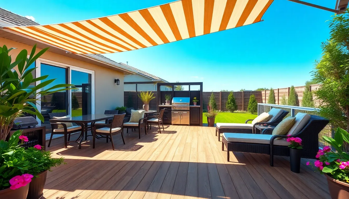 stylish outdoor deck with furniture in a sunny backyard.