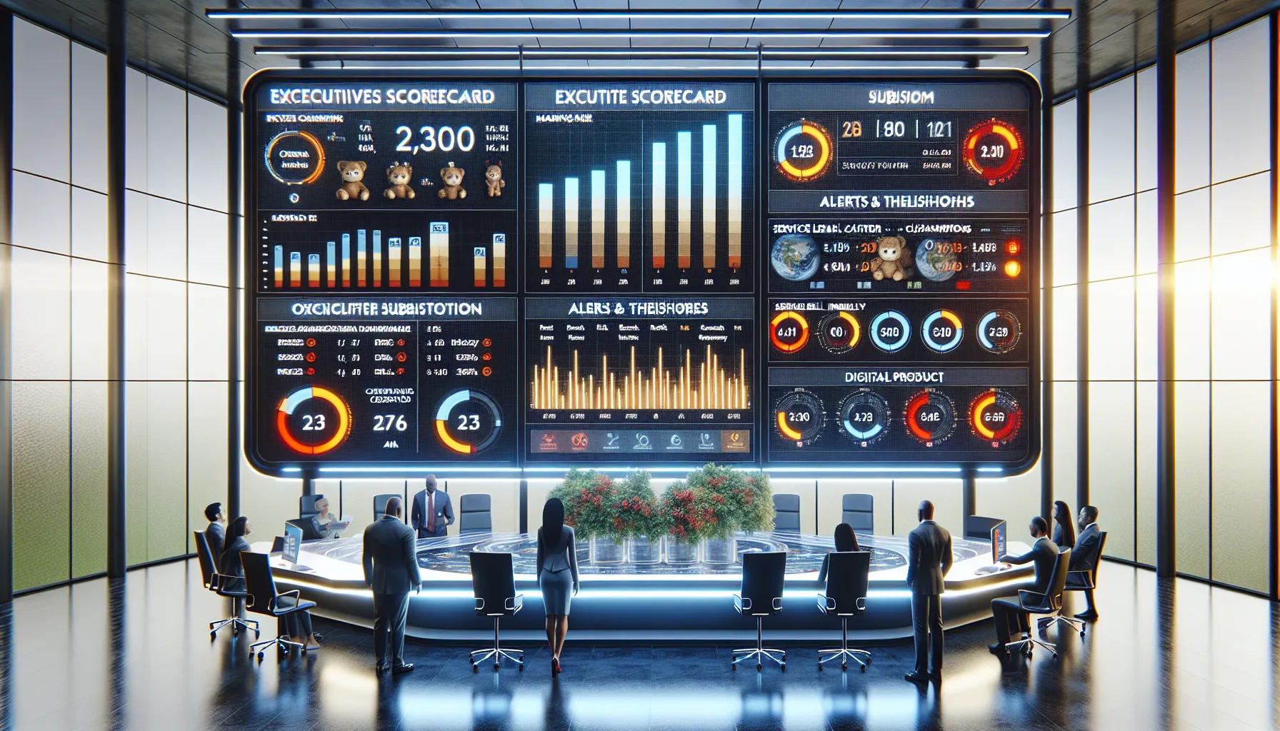 Diverse professionals review Tableau subscriptions and real-time alerts on dashboards in a modern office.