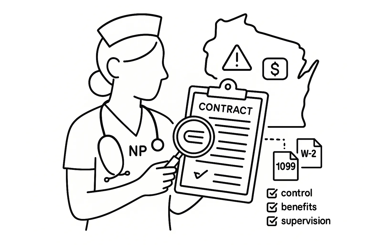 Nurse practitioner examining a contract with W‑2 and 1099 labels, Wisconsin outline of Wisconsin Nurse Practitioner Contract Review.
