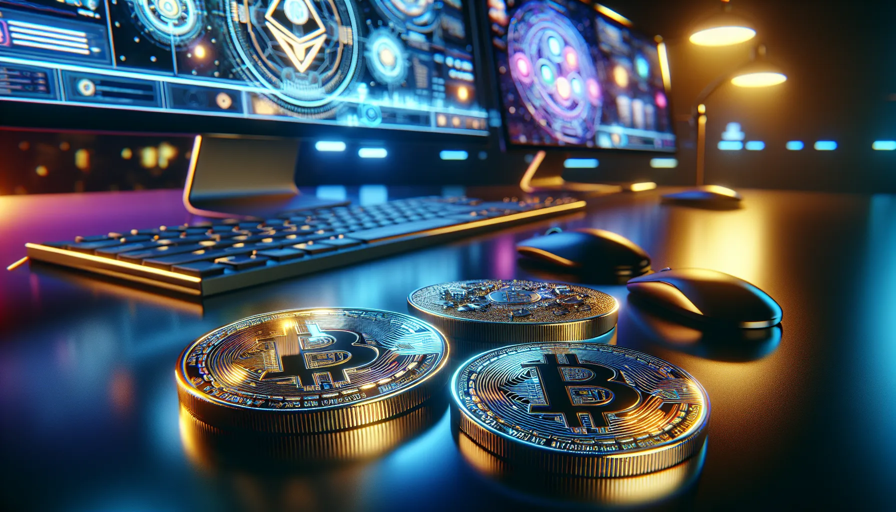 Cryptocurrency coins representing metaverse tokens with virtual world displayed on monitor behind.
