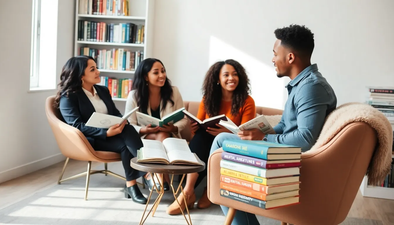 diverse group discussing mental health books in a cozy reading nook.