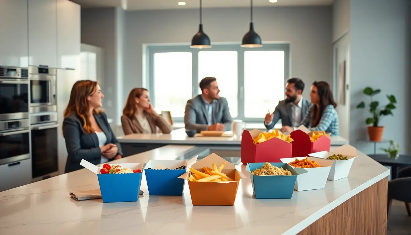 Group enjoying diverse takeout foods in a stylish kitchen.