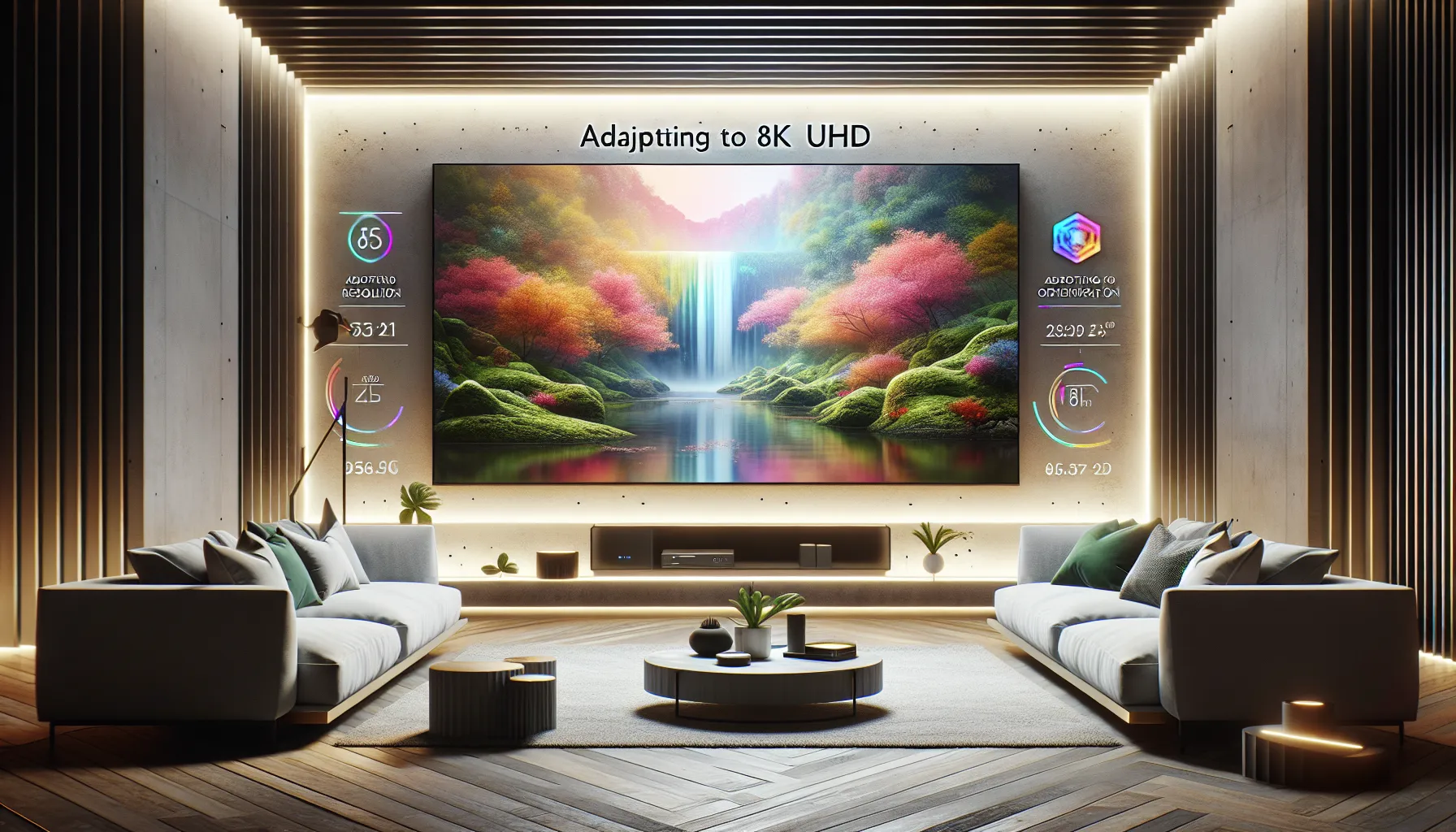A modern living room featuring an 8K ultra-definition television displaying dynamic visuals.