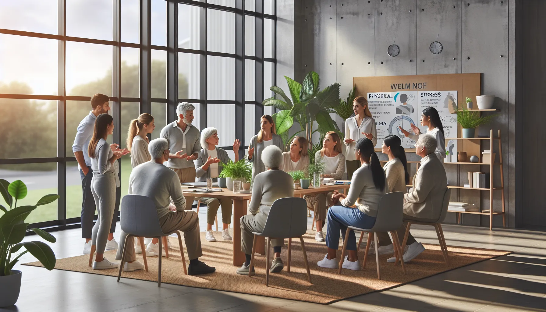 a diverse group discussing health strategies in a modern office.