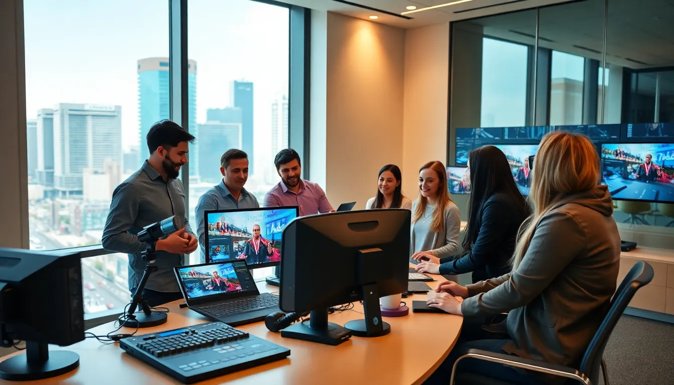 diverse team streaming a live event in a modern office.
