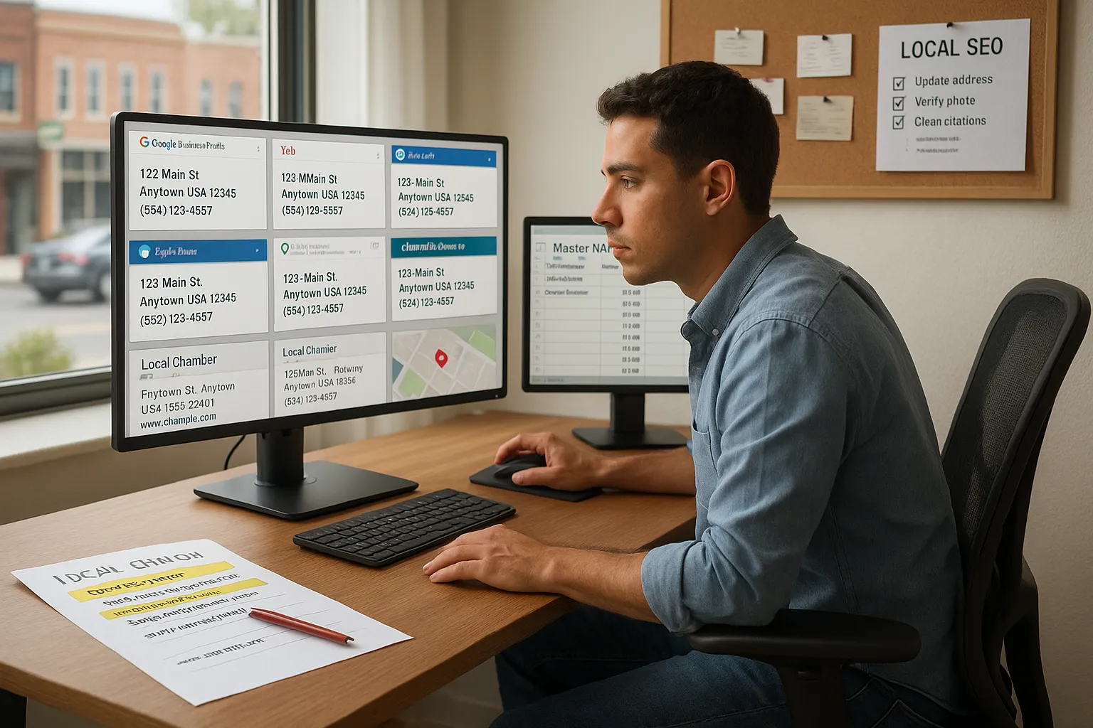 Small business owner updating consistent NAP details across online local directory listings.