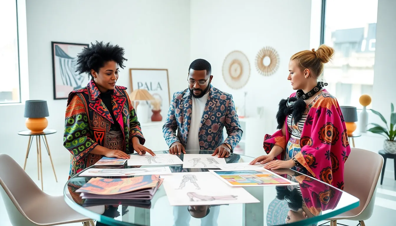 diverse designers collaborating on innovative fashion designs in a modern studio.