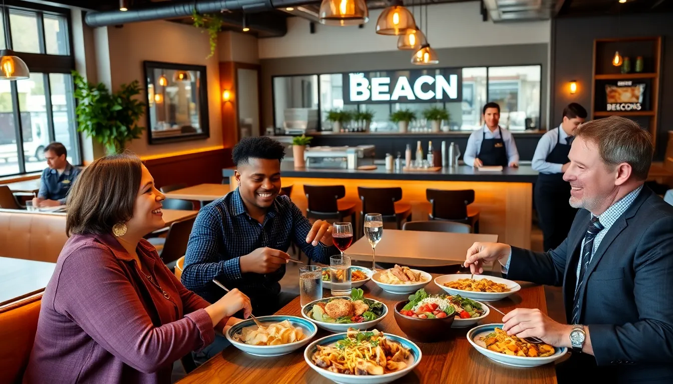 diverse group enjoying meals in a cozy restaurant setting.