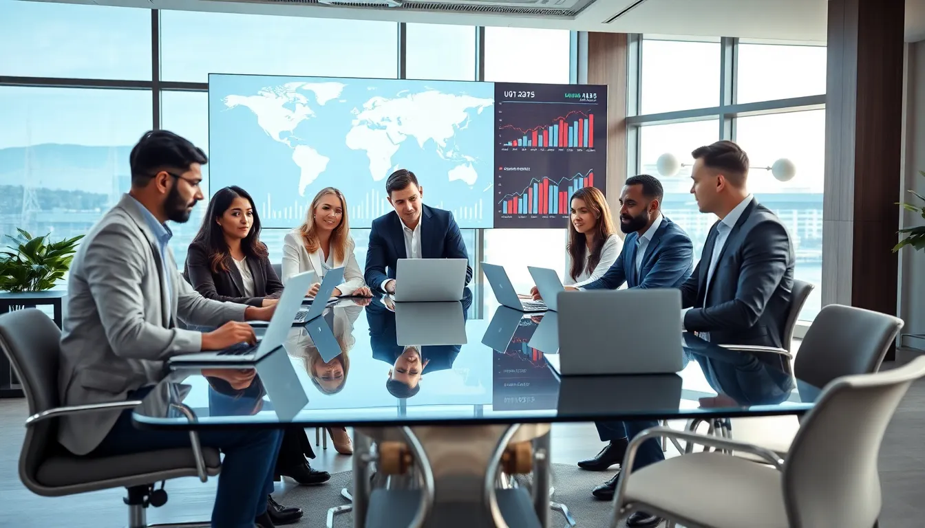 diverse team discussing global investing strategies in a modern office.