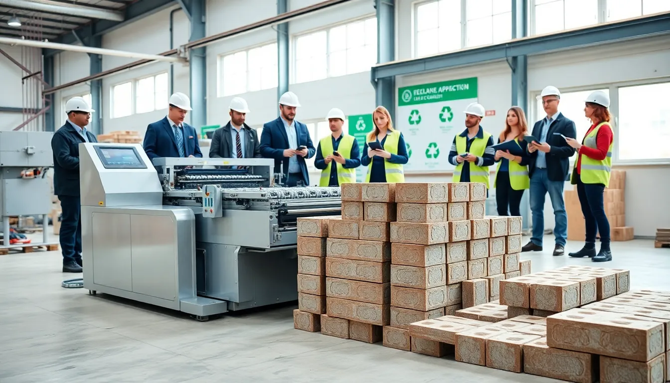 Modern brick making machine and team in a bright industrial setting.