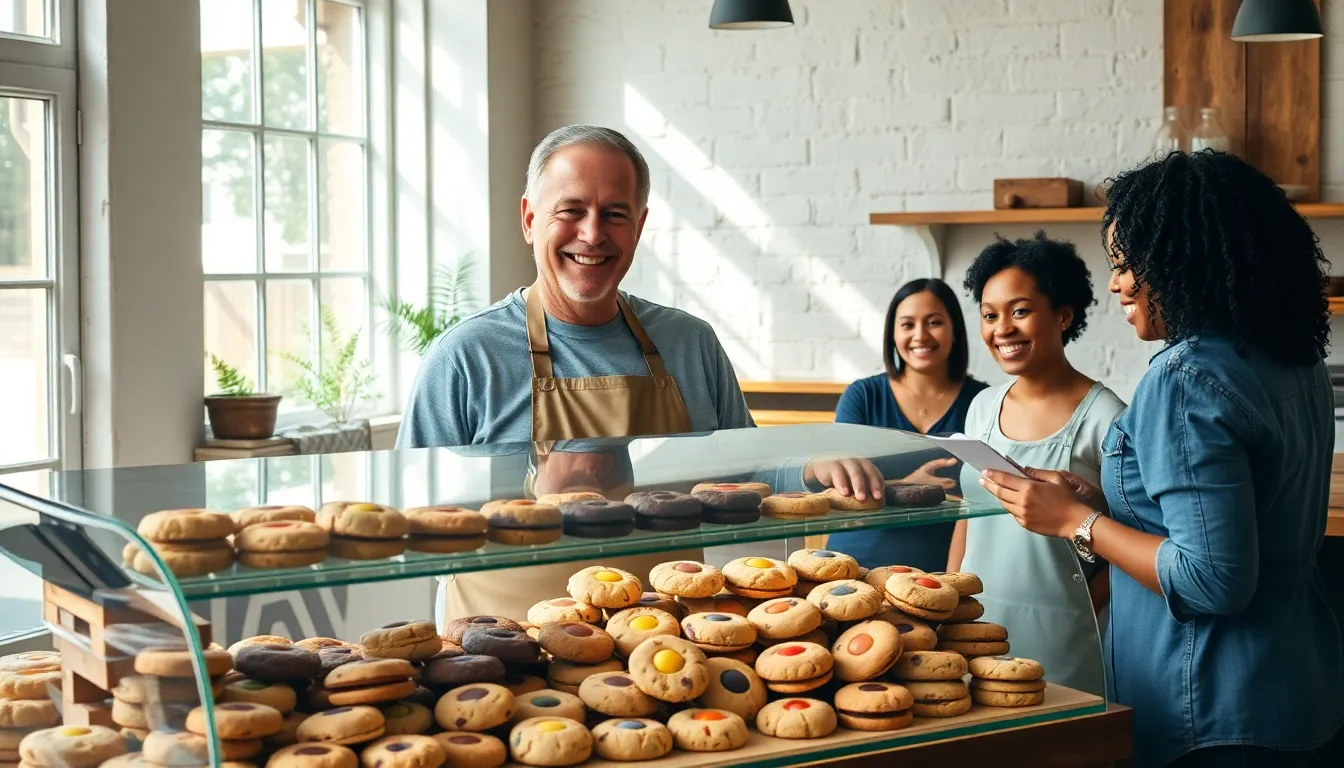Jackson in a bakery surrounded by colorful cookies.