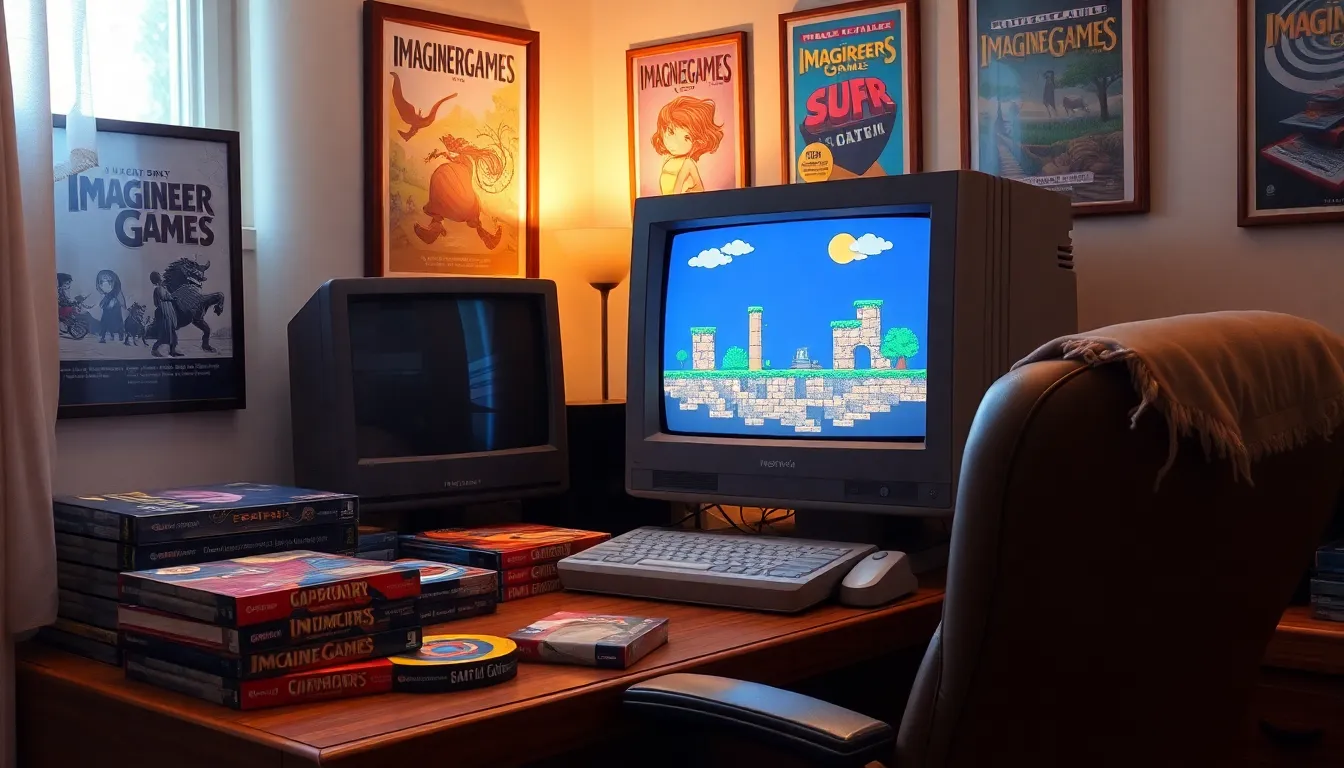 A vintage gaming setup with a CRT monitor displaying classic games.