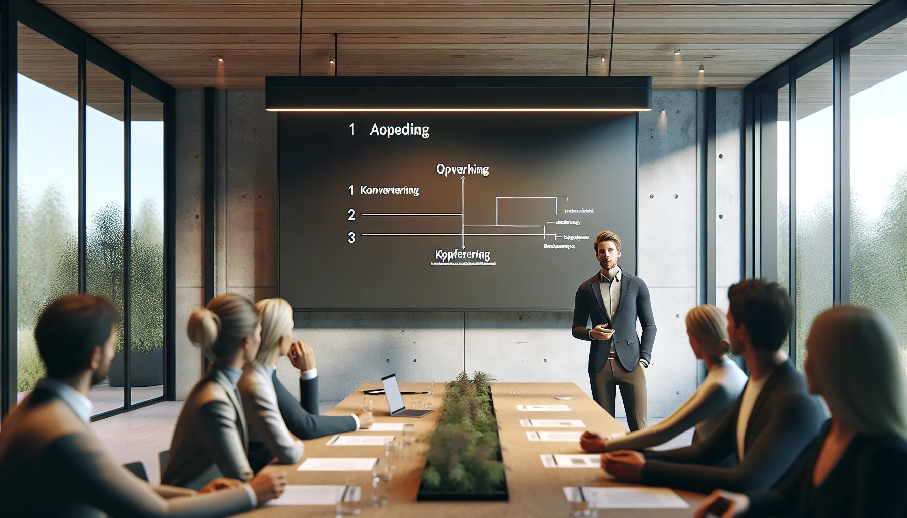 Slik kan du forbedre muntlige presentasjoner med enkle teknikker 3 Presenter in a norwegian meeting room showing a clear three-part presentation structure.